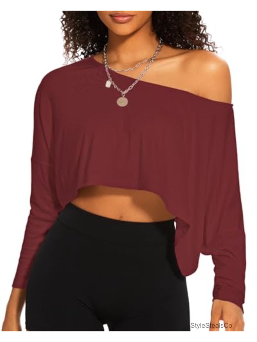 Women's Off Shoulder Oversized Long Sleeve Crop T-Shirt Viscose